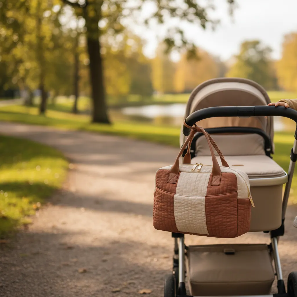 Quiltet pusletaske hænger på håndtaget af en barnevogn på en sti i en dansk park om efteråret