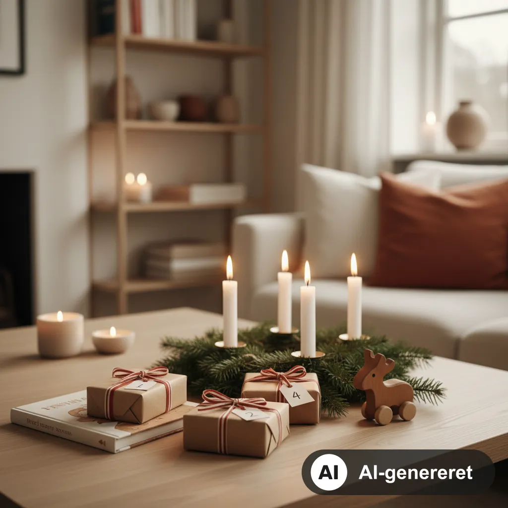 Små gaver i brunt papir med røde bånd og nummerskilte på et egetræsbord ved en adventskrans med fire tændte lys og et rensdyr i træ (AI-genereret illustration)