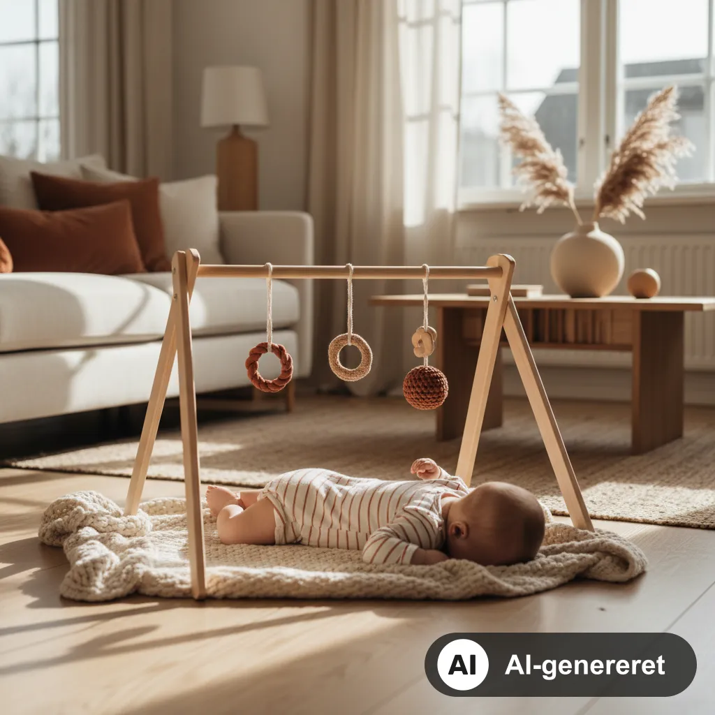 Fritstående aktivitetsstativ i lyst træ med hængende legetøj over en baby, der ligger på et tæppe i en lys dansk stue (AI-genereret illustration)