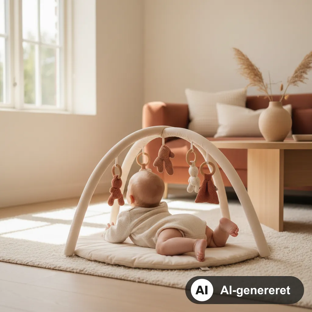 Baby ligger på ryggen på et blødt aktivitetstæppe med buer og hængende legetøj i en lys dansk stue (AI-genereret illustration)