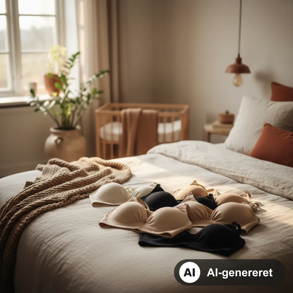 Foldede amme-BH'er uden bøjle i neutrale farver på en seng i et lyst, cremefarvet skandinavisk soveværelse (AI-genereret illustration)