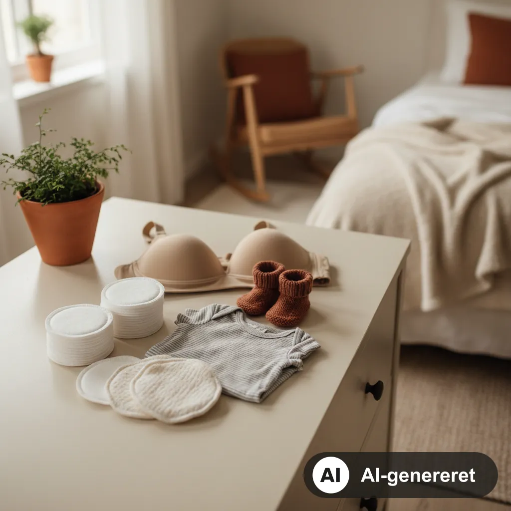 Ammeindlæg, amme-bh og babytøj lagt frem på en kommode i et lyst soveværelse (AI-genereret illustration)