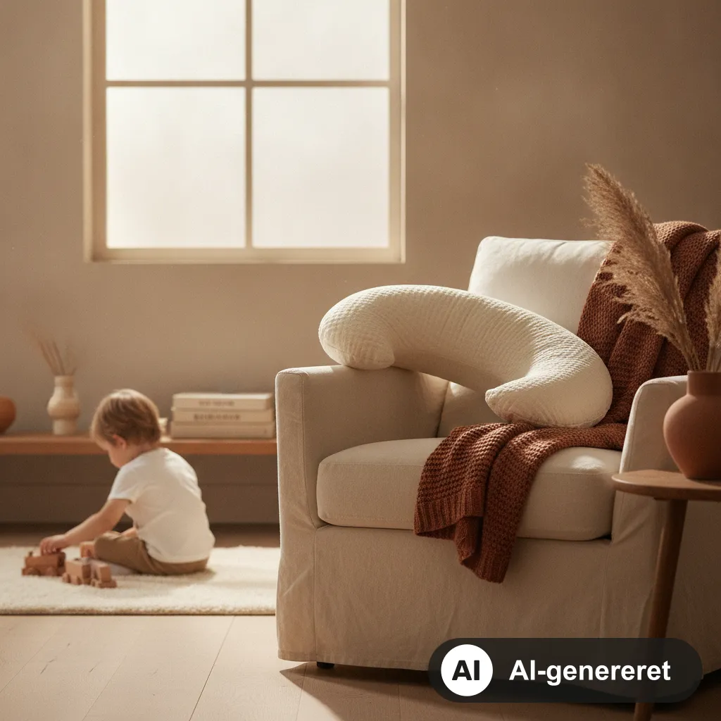 Halvmåneformet ammepude i lyst, naturfarvet stof i en lænestol ved et vindue i et roligt hjem (AI-genereret illustration)