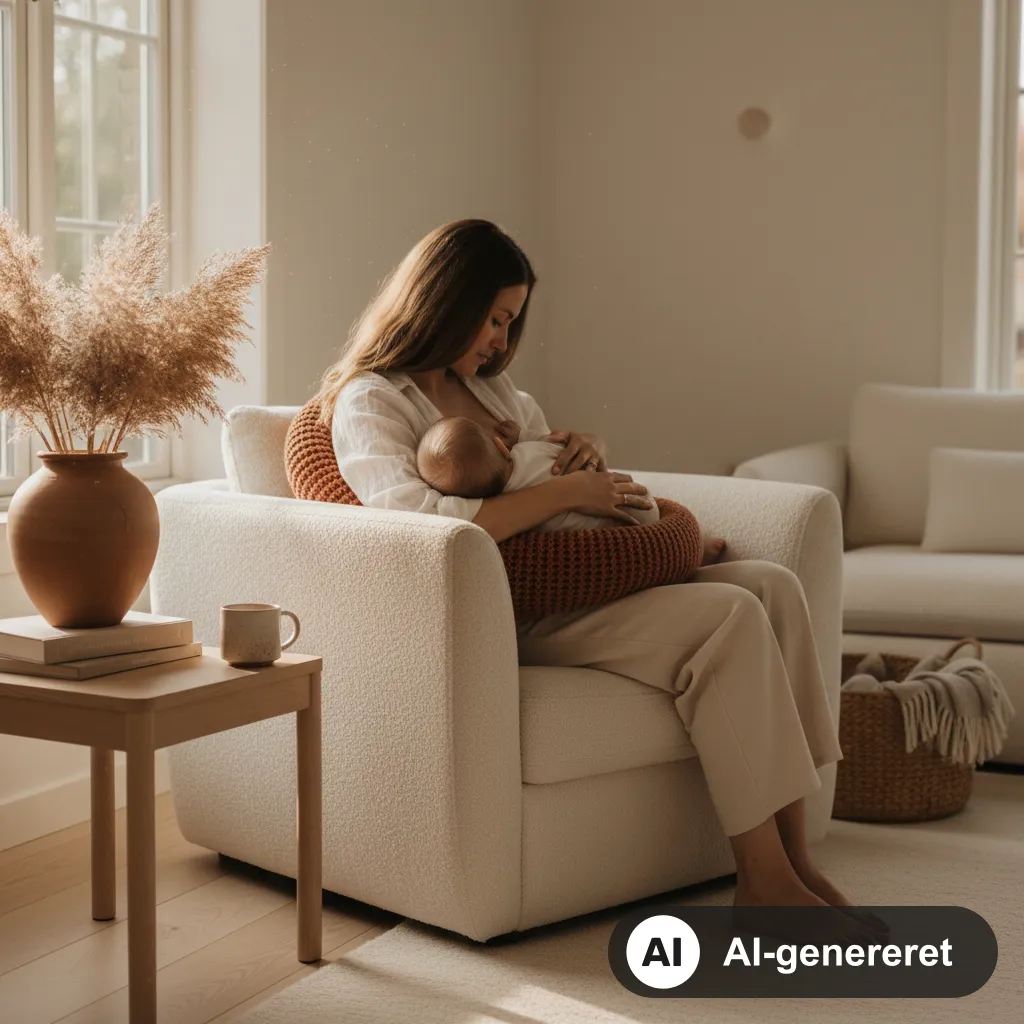 Mor ammer sin baby i en lænestol med en ammepude i et roligt, lyst hjem med varmt dagslys (AI-genereret illustration)