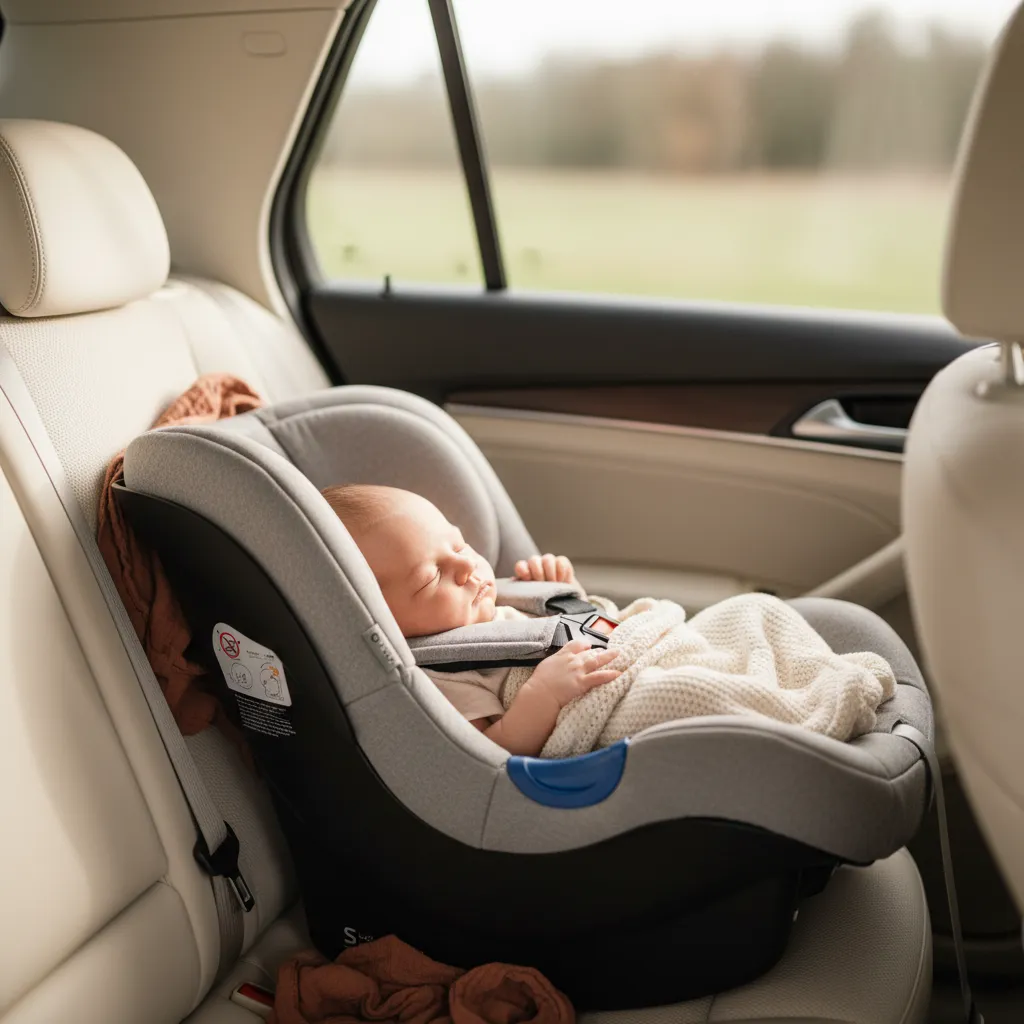Nyfødt sover bagudvendt i en i-Size babyautostol spændt fast på bagsædet af en bil