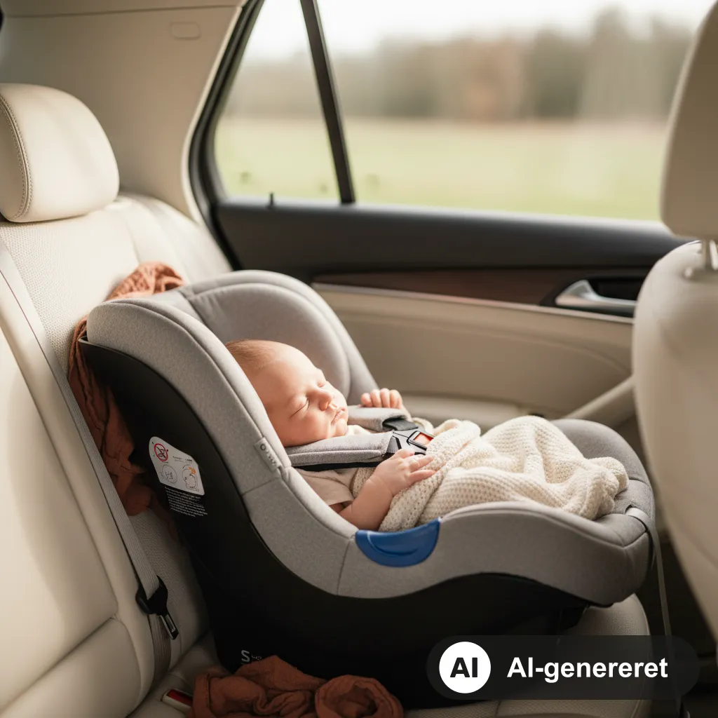 Nyfødt sover bagudvendt i en i-Size babyautostol spændt fast på bagsædet af en bil (AI-genereret illustration)
