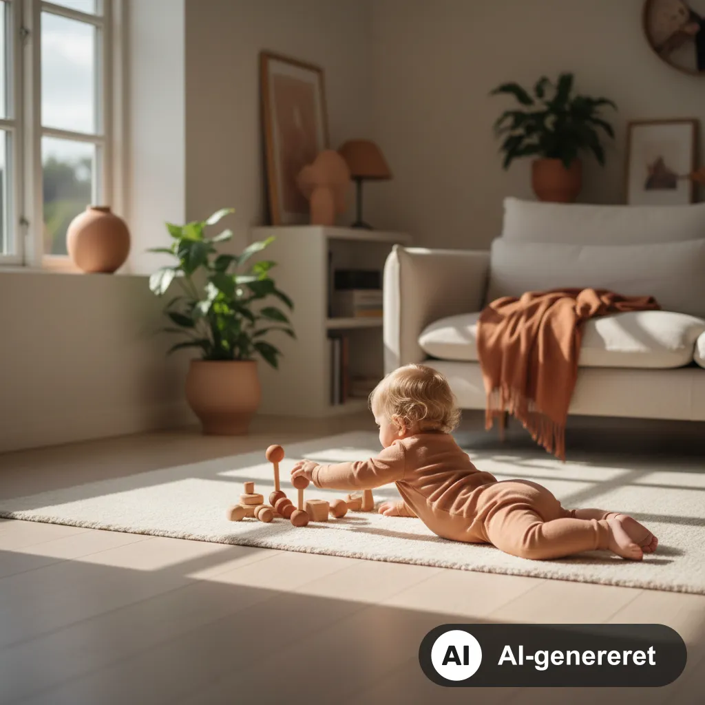 Baby på maven på et aktivitetstæppe, der rækker ud efter legetøj under tummy time i et lyst, varmt skandinavisk hjem (AI-genereret illustration)