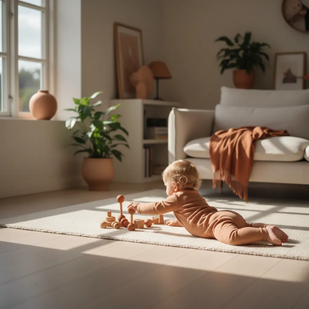 Baby på maven på et aktivitetstæppe, der rækker ud efter legetøj under tummy time i et lyst, varmt skandinavisk hjem