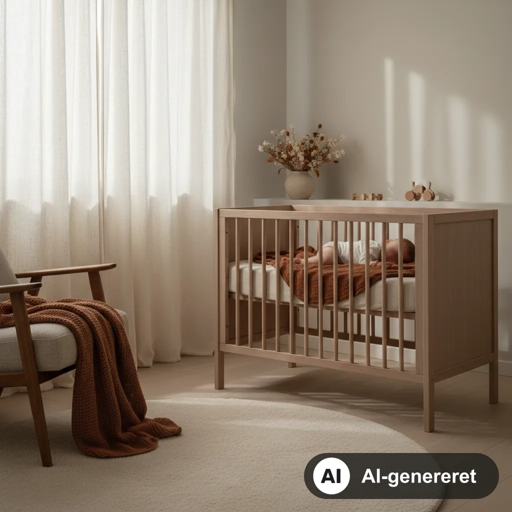 Sovende baby på ryggen i en tremmeseng i et roligt, halvmørkt soveværelse med blødt morgenlys (AI-genereret illustration)