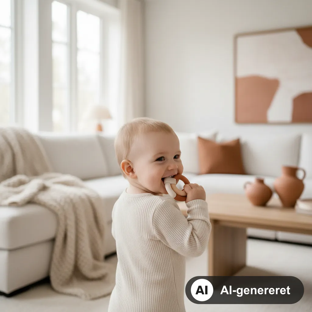 Baby der bider i en kølet bidering og viser de to første nederste fortænder (AI-genereret illustration)