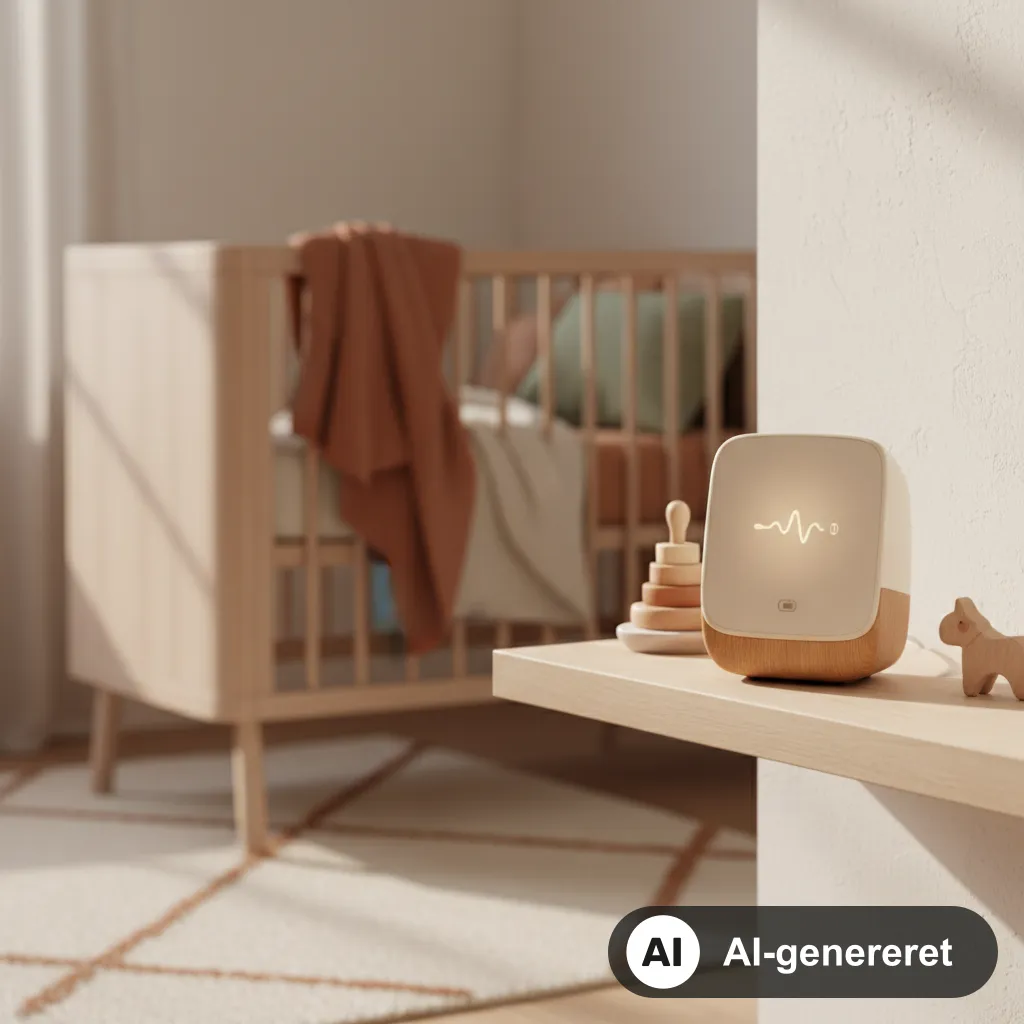 Babyalarmens forældreenhed på en træhylde i et roligt skandinavisk barneværelse med en seng i blød baggrund og varmt aftenlys (AI-genereret illustration)