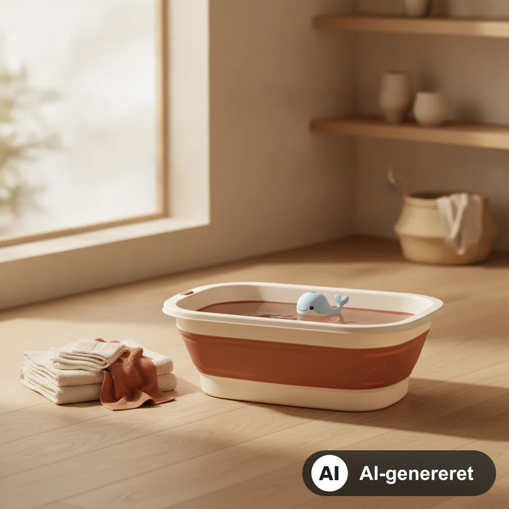 Foldbart babybadekar med lunt vand og badetermometer står klar på badeværelsesgulvet ved siden af håndklæder (AI-genereret illustration)