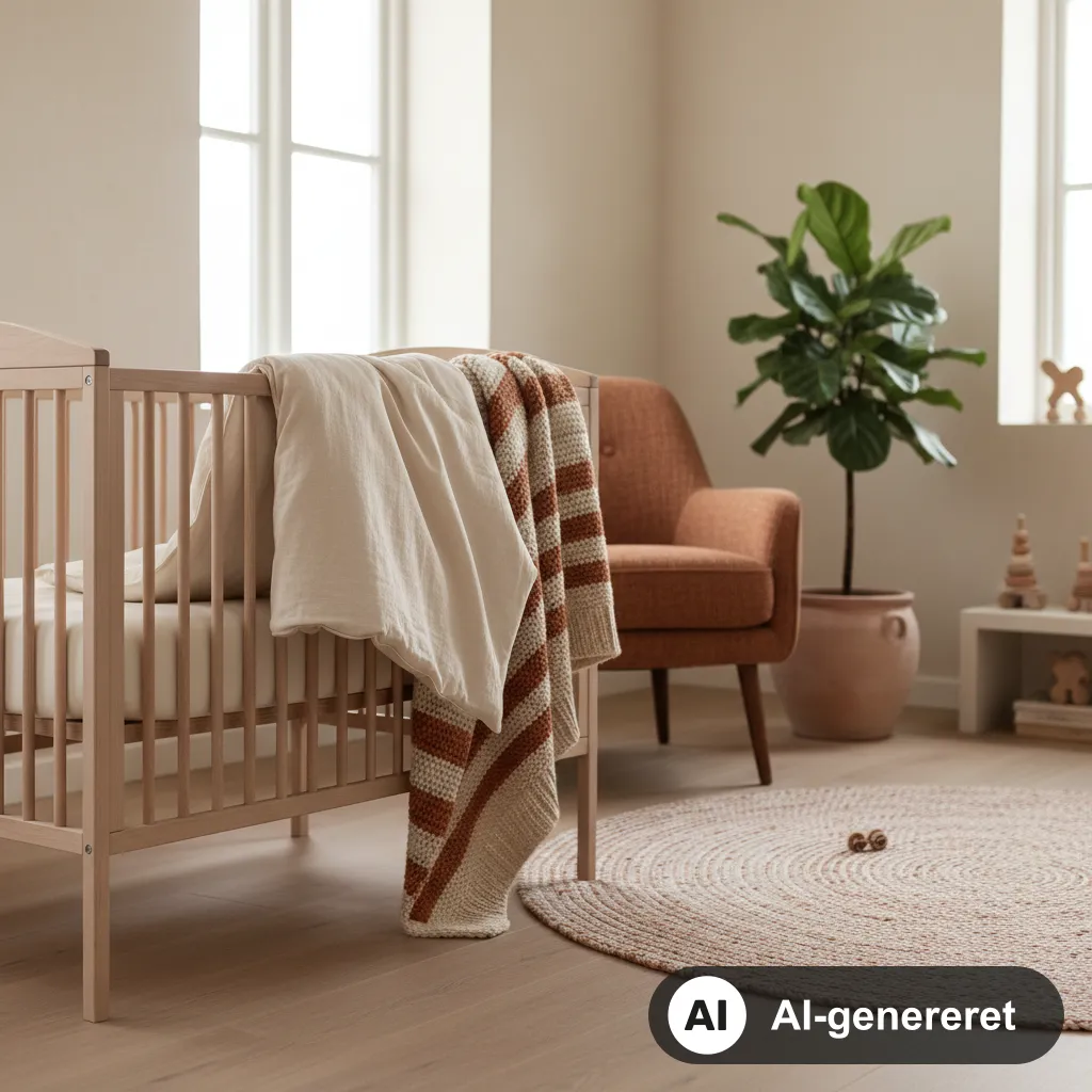 Let, sammenlagt babydyne i naturligt cremefarvet stof på en tremmeseng i et lyst, roligt soveværelse (AI-genereret illustration)