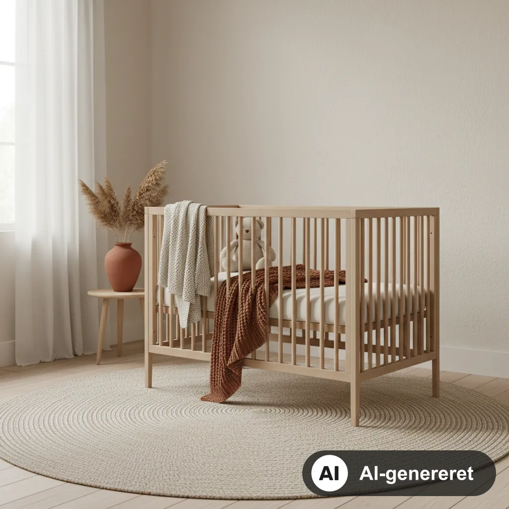 Fast hvid babymadras, der ligger helt ud til kanten i en tremmeseng i et lyst, roligt soveværelse (AI-genereret illustration)