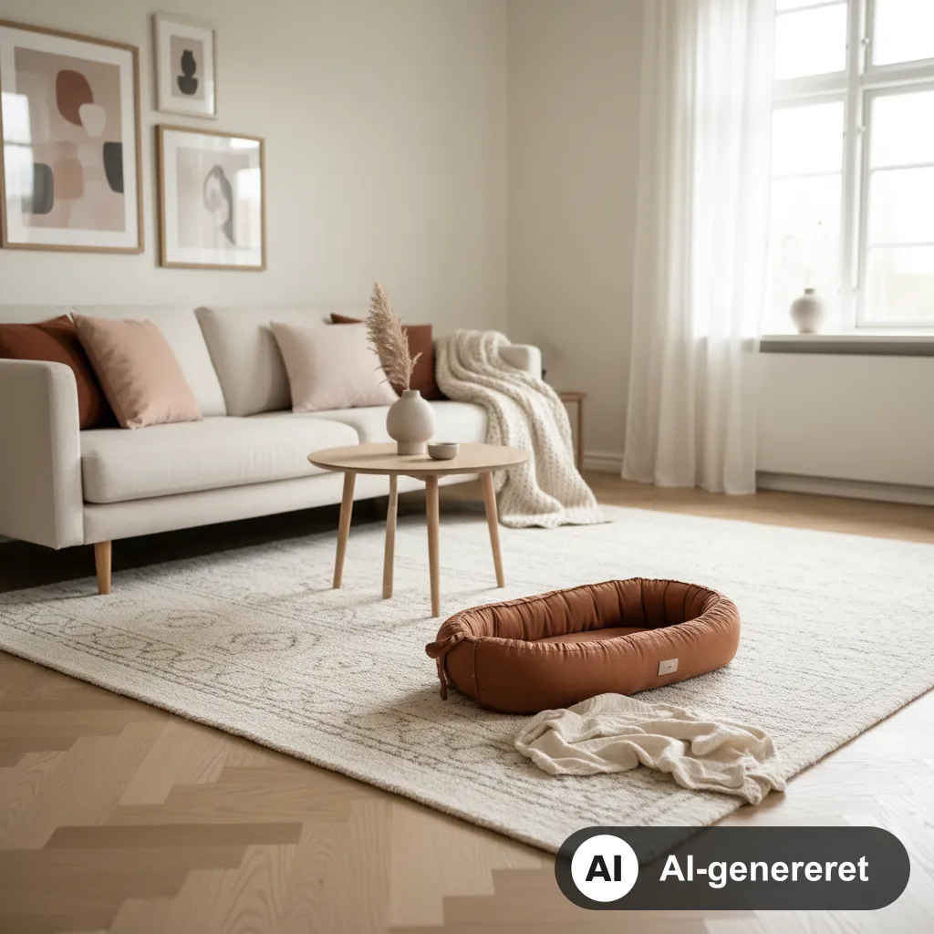 Babynest i terracottafarvet stof på et lyst gulvtæppe i en dansk stue (AI-genereret illustration)