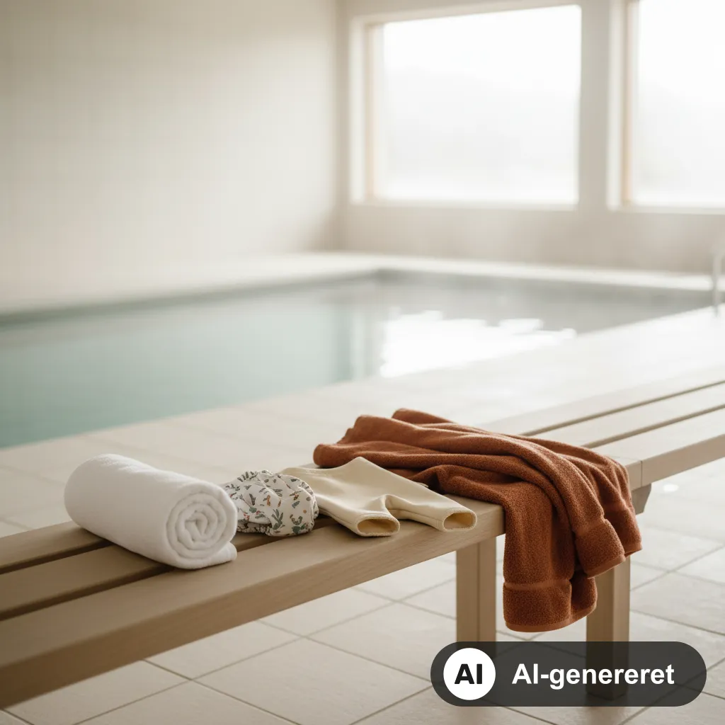 Sammenrullet håndklæde, badeble og små blebadebukser ligger klar på en bænk ved et varmtvandsbassin (AI-genereret illustration)