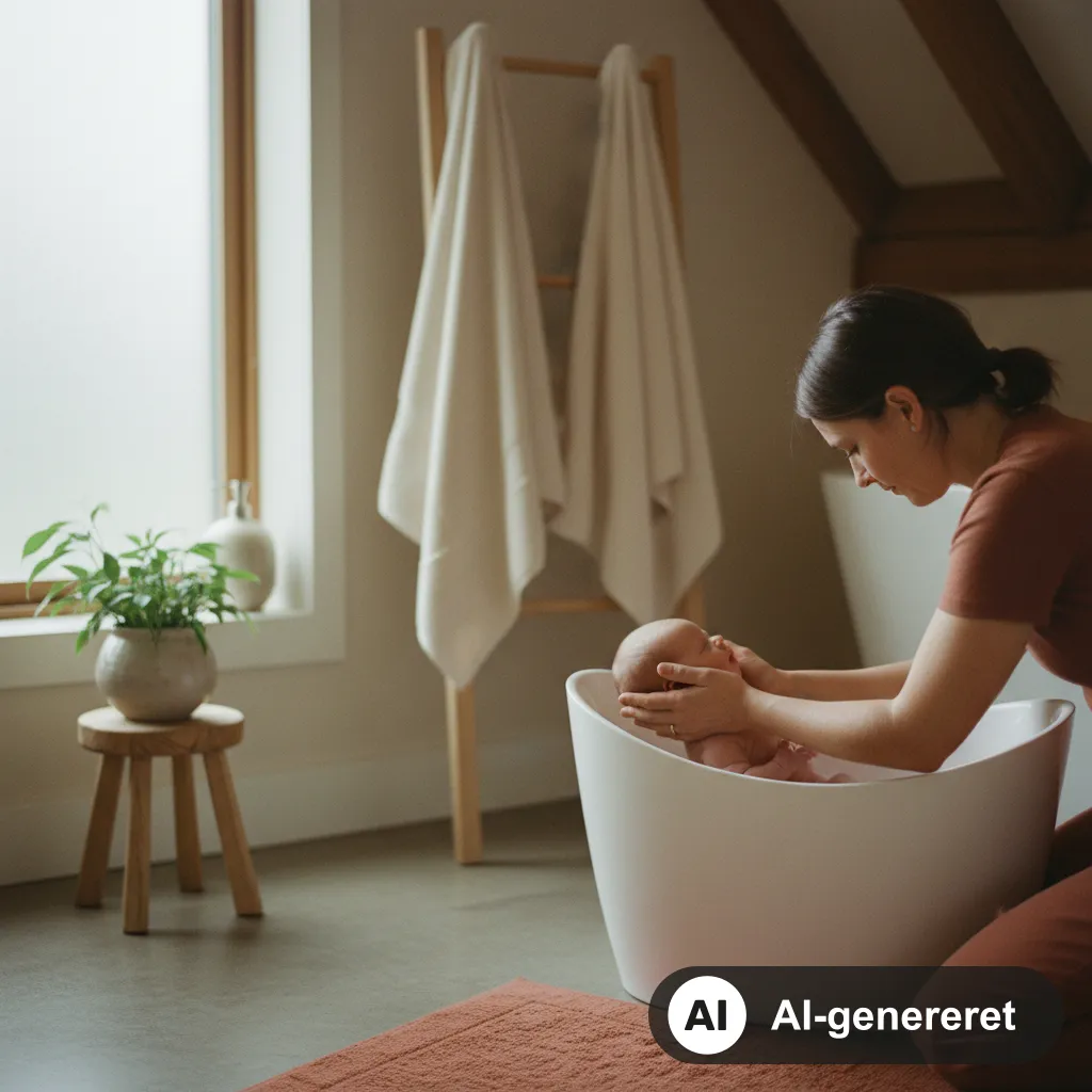 Forælder bader forsigtigt en nyfødt og støtter hovedet i et lille babybadekar i et varmt rum (AI-genereret illustration)