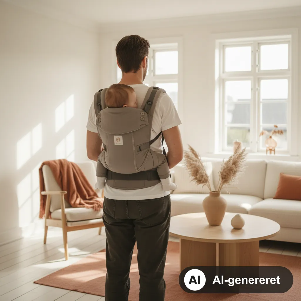 Forælder bærer en baby mave mod mave i en ergonomisk bæresele i et lyst, cremefarvet skandinavisk hjem (AI-genereret illustration)