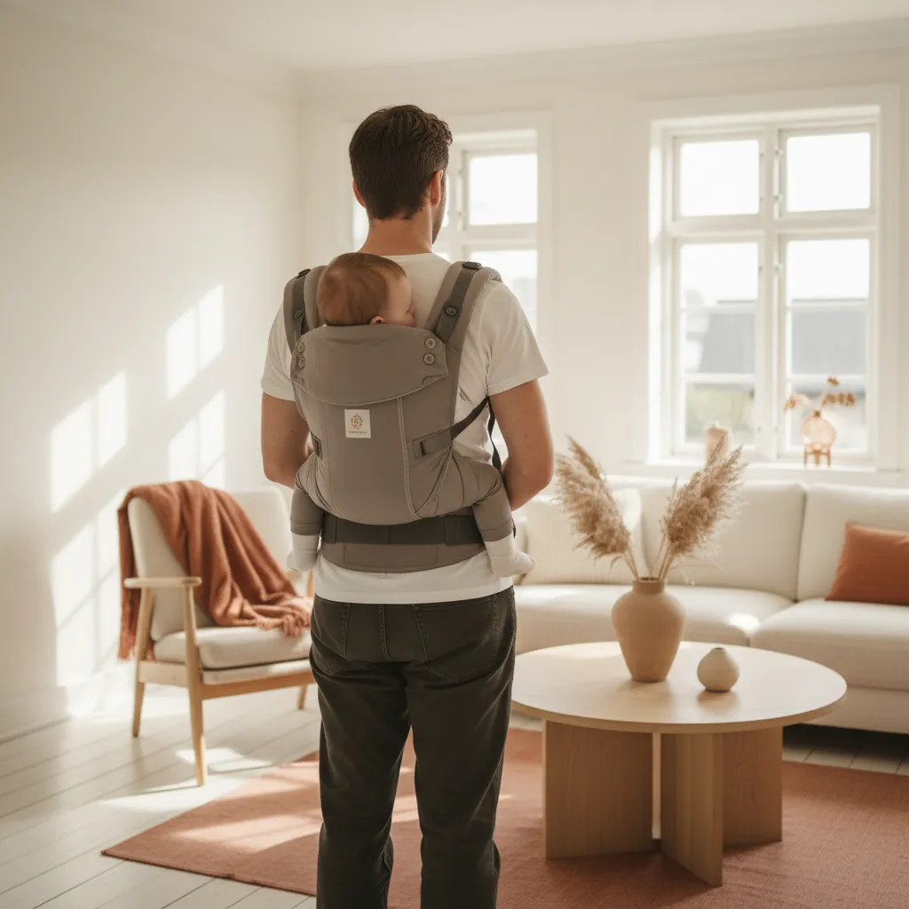 Forælder bærer en baby mave mod mave i en ergonomisk bæresele i et lyst, cremefarvet skandinavisk hjem