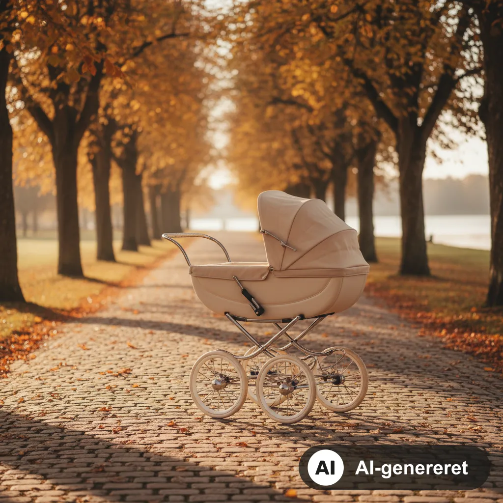 Klassisk cremefarvet barnevogn på en brostensbelagt allé i en dansk park i efterårslys (AI-genereret illustration)