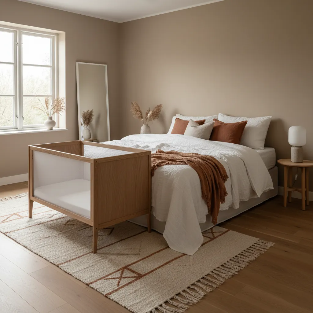Bedside crib i lyst træ ved forældresengen i et roligt, lyst soveværelse
