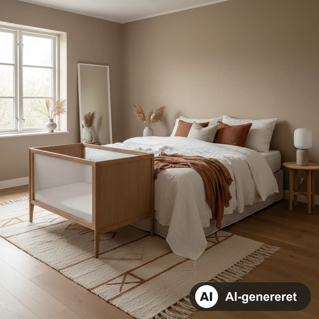 Bedside crib i lyst træ ved forældresengen i et roligt, lyst soveværelse (AI-genereret illustration)
