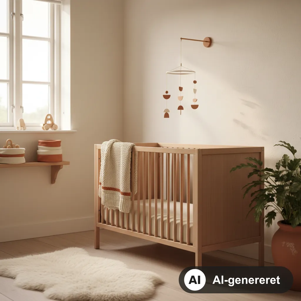 Tremmeseng i massivt træ med hvide tremmer i et lyst, roligt børneværelse i cremede toner (AI-genereret illustration)