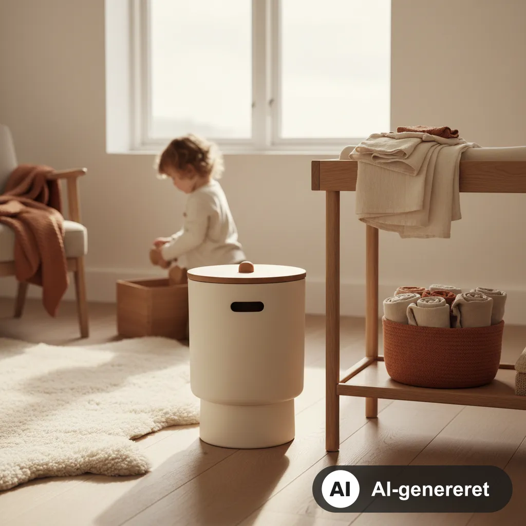 Hvid blespand ved siden af et puslebord i et lyst, skandinavisk babyværelse i varme cremefarver (AI-genereret illustration)