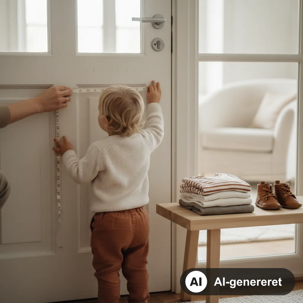 Forælder måler et lille barns højde med målebånd ved en dørkarm, med stablet børnetøj og små sko på en bænk (AI-genereret illustration)