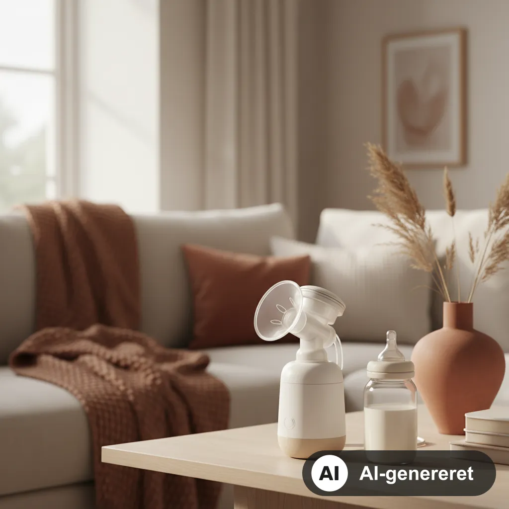 Elektrisk brystpumpe og flaske med udmalket modermælk på et bord i et lyst, cremefarvet skandinavisk hjem (AI-genereret illustration)