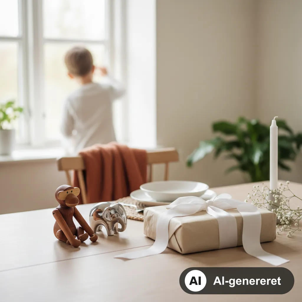 Indpakket dåbsgave med hvidt bånd ved siden af en Kay Bojesen-abe og en graveret sparebøsse på et lyst bord (AI-genereret illustration)