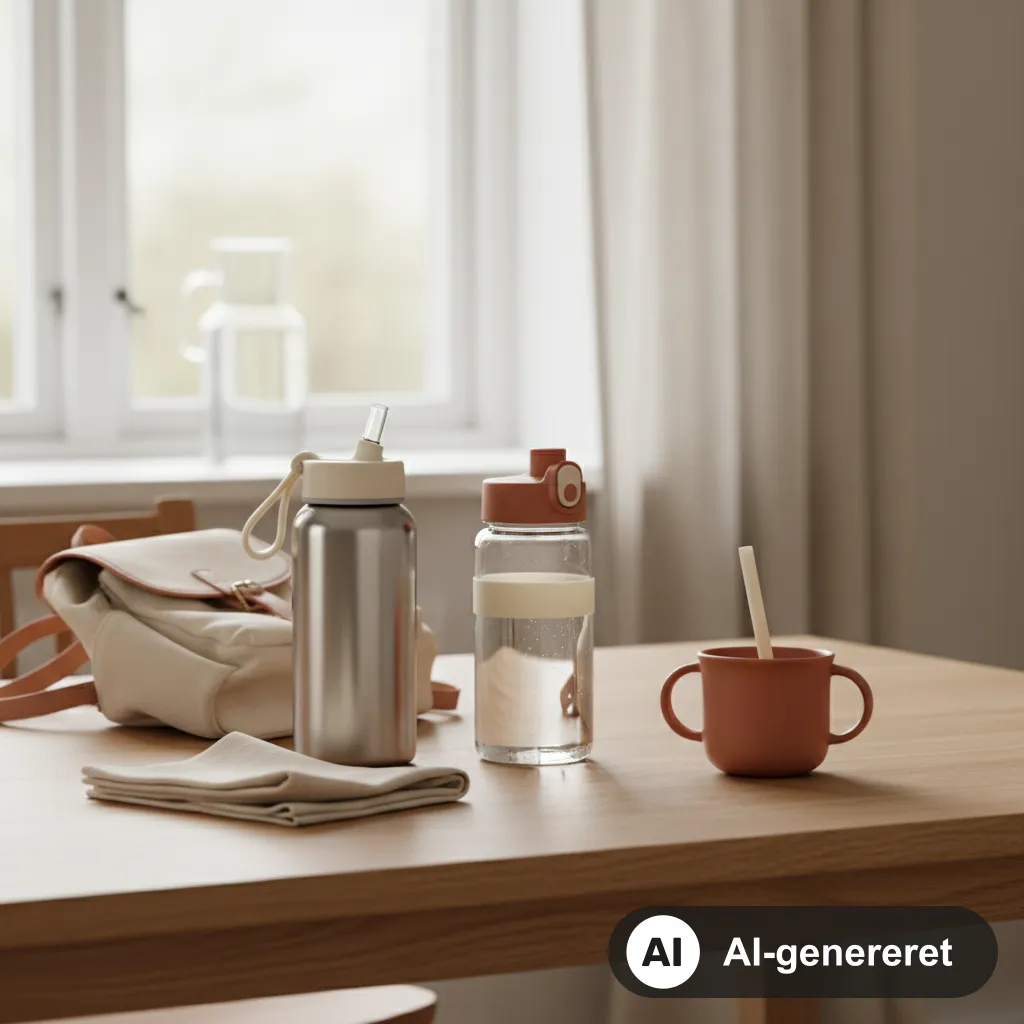 En drikkedunk i rustfrit stål med sugerør, en gennemsigtig drikkedunk med klaplåg og en terrakottafarvet sugerørskop med to hanke på et egetræsbord ved et vindue (AI-genereret illustration)