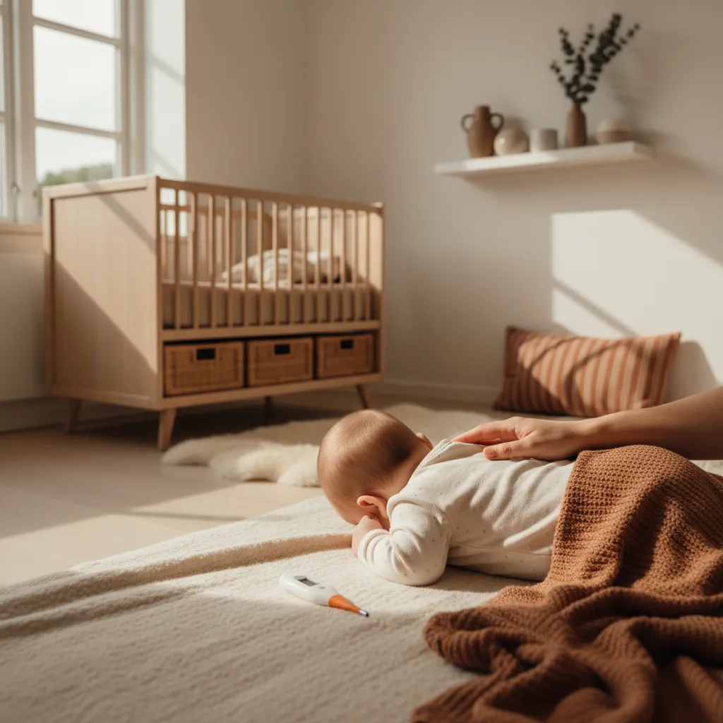 Forælder måler temperaturen på en baby med et digitalt febertermometer i et roligt, lyst skandinavisk soveværelse med varmt aftenlys