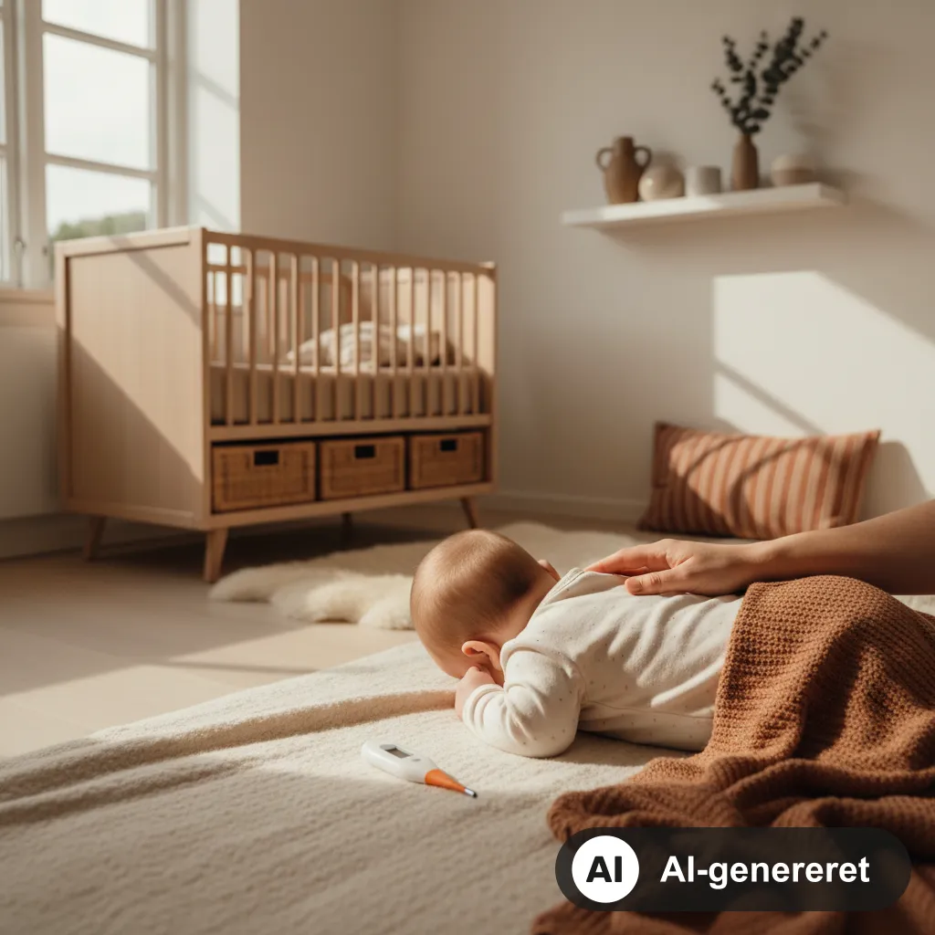 Forælder måler temperaturen på en baby med et digitalt febertermometer i et roligt, lyst skandinavisk soveværelse med varmt aftenlys (AI-genereret illustration)