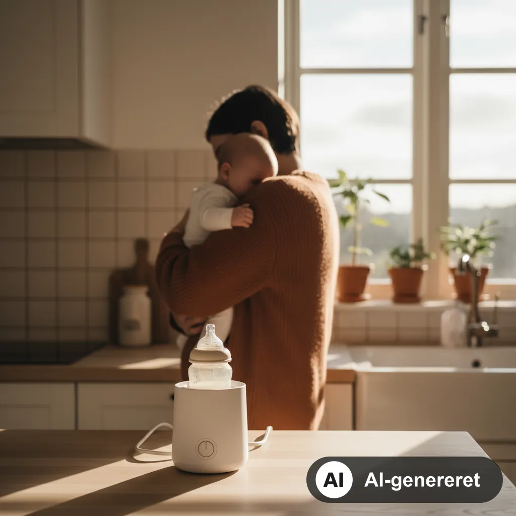 En sutteflaske står i en flaskevarmer på en køkkenbord i et lyst dansk hjem, mens en forælder holder en baby (AI-genereret illustration)