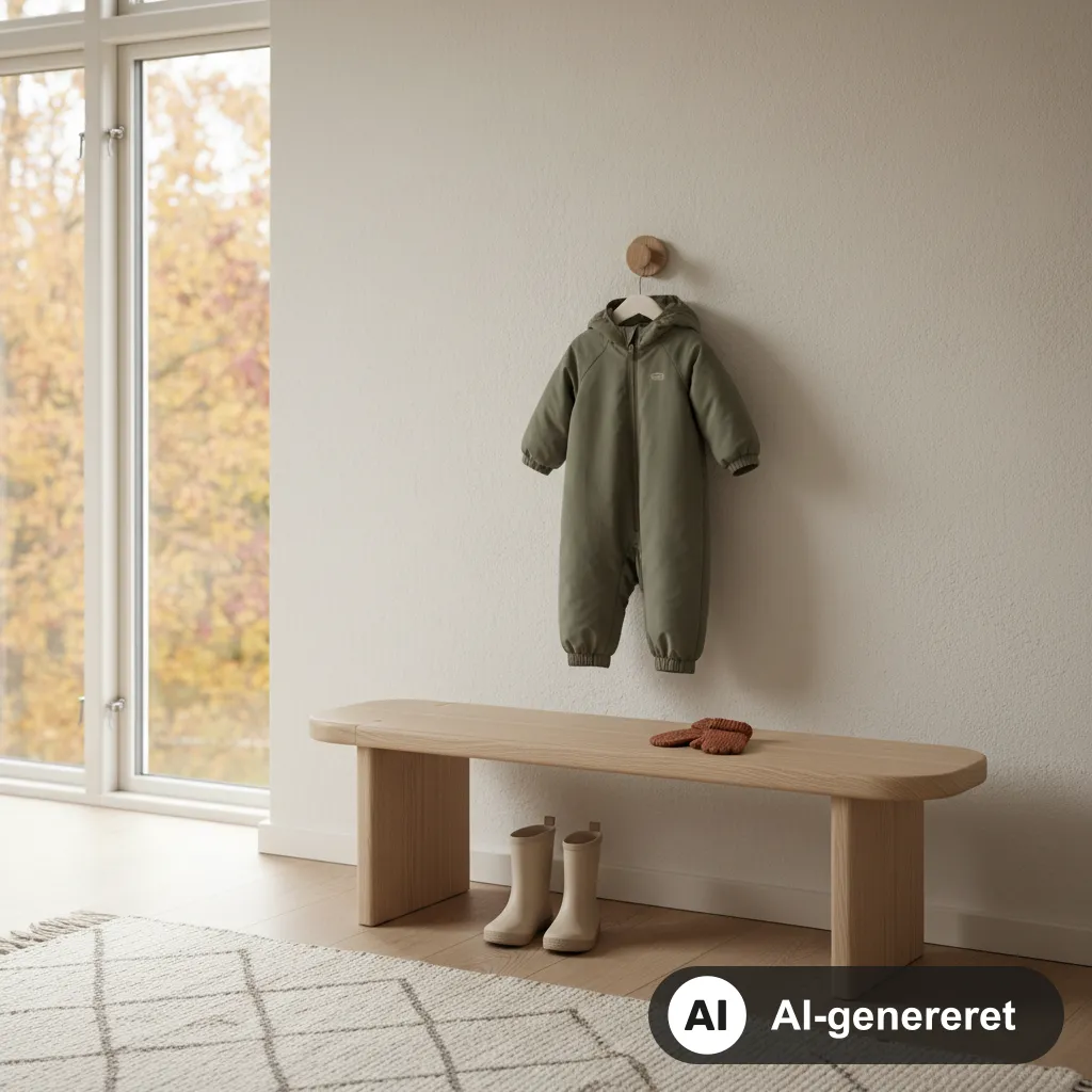 Lille olivengrøn flyverdragt hænger på en trækrog i en varm dansk entré med gummistøvler på bænken nedenunder (AI-genereret illustration)