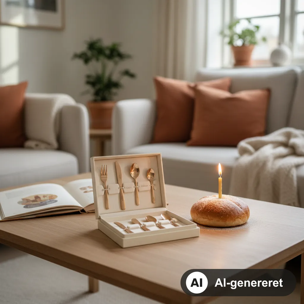 En papbog og en åben gaveæske med børnebestik ligger på et egetræsbord ved siden af en fødselsdagsbolle med ét lys i en lys dansk stue (AI-genereret illustration)