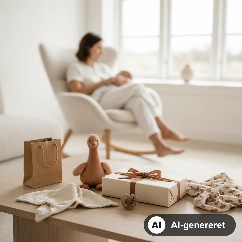 Indpakket barselsgave med nusseklud, sut og bamse på et lyst bord i et hyggeligt skandinavisk hjem (AI-genereret illustration)