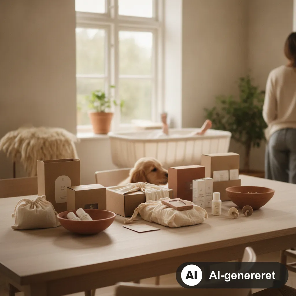 Gratis babypakker fra danske butikker med bleer, sut, plejeprodukter og vareprøver til den nyfødte (AI-genereret illustration)