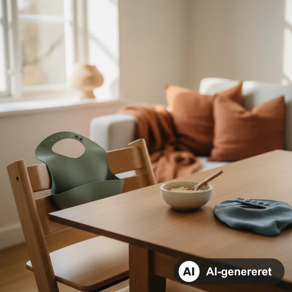 Silikonehagesmæk med spildlomme hænger over en højstol ved et lyst spisebord med grødskål (AI-genereret illustration)