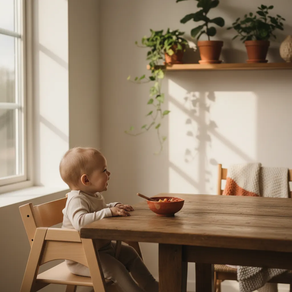 Baby sidder i en lys træhøjstol ved spisebordet i et hyggeligt skandinavisk køkken i cremede og terrakotta-farver