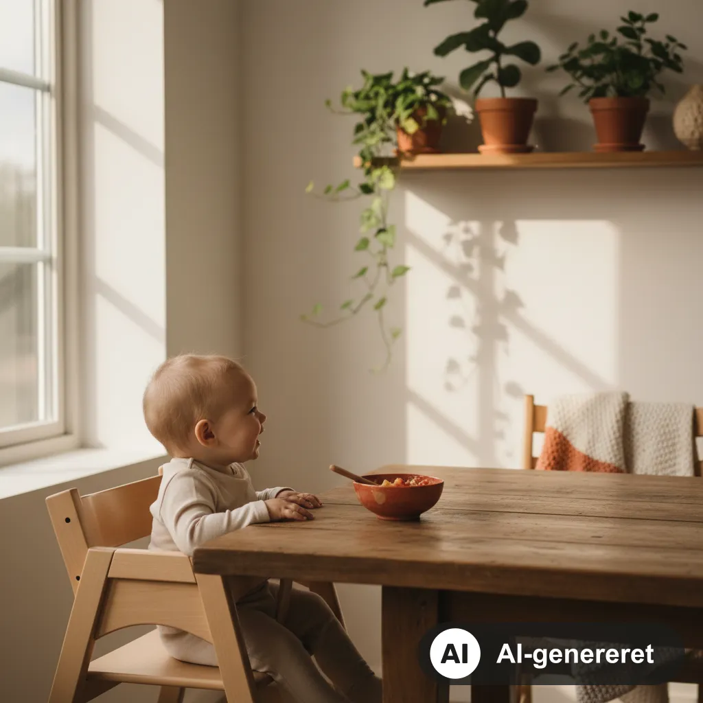Baby sidder i en lys træhøjstol ved spisebordet i et hyggeligt skandinavisk køkken i cremede og terrakotta-farver (AI-genereret illustration)