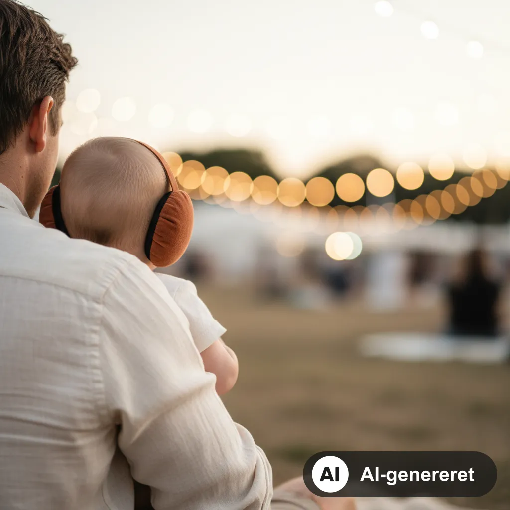 Baby med blødt høreværn over ørerne sidder på sin fars arm til et udendørs sommerarrangement (AI-genereret illustration)