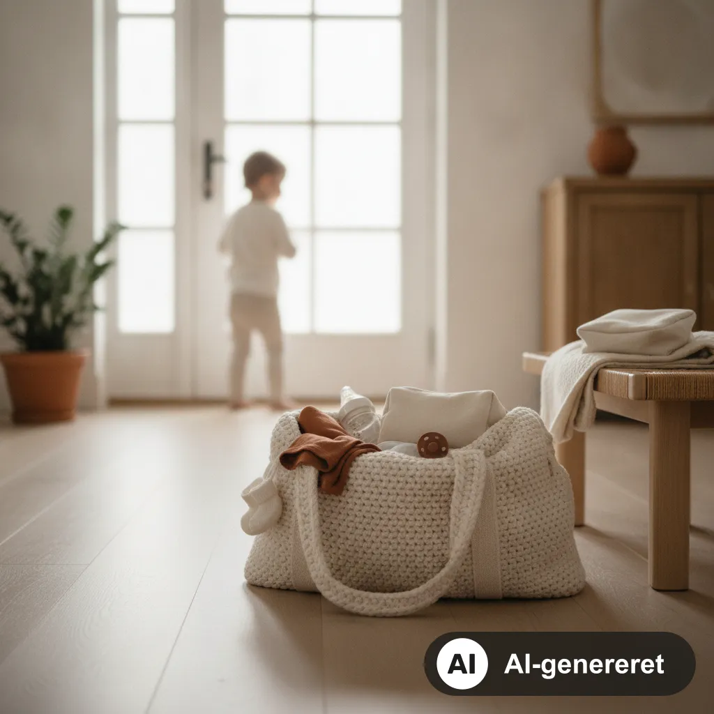 Færdigpakket hospitalstaske med sammenlagt babytøj og en hue ved døren, klar til fødslen (AI-genereret illustration)