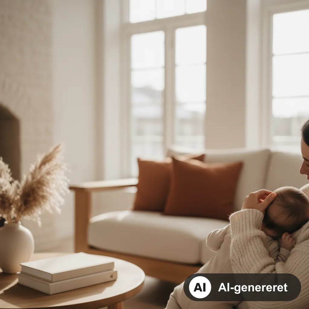 Baby ligger i lette lag i en tremmeseng, mens en forælder mærker efter i nakken for at tjekke temperaturen (AI-genereret illustration)