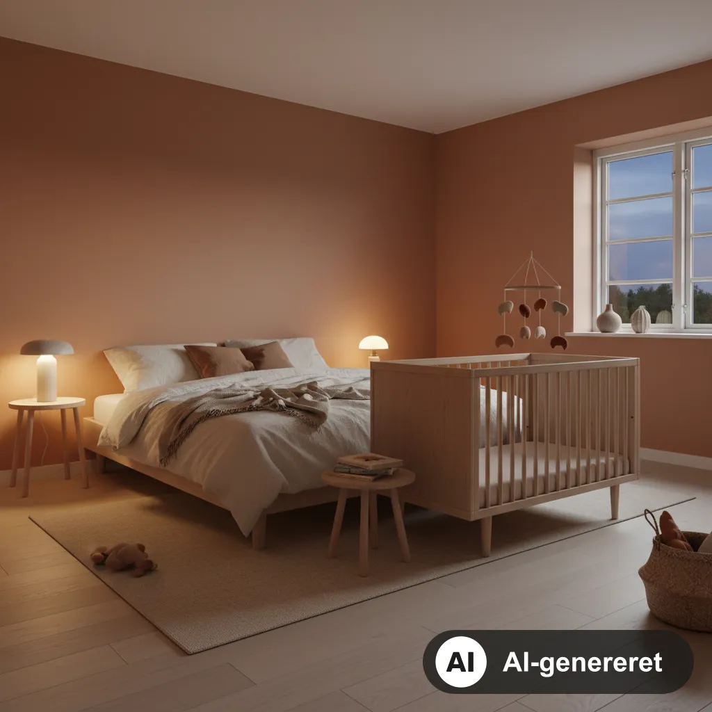 Tremmeseng ved siden af forældresengen i et roligt soveværelse med varmt aftenlys (AI-genereret illustration)