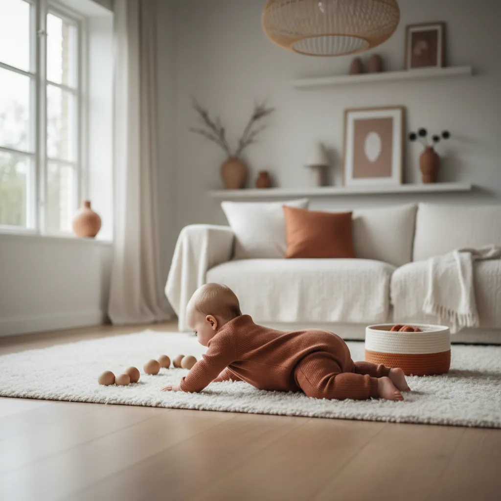 Baby på maven på et aktivitetstæppe under maveleje i en lys stue, mens en forælder sidder ved siden af