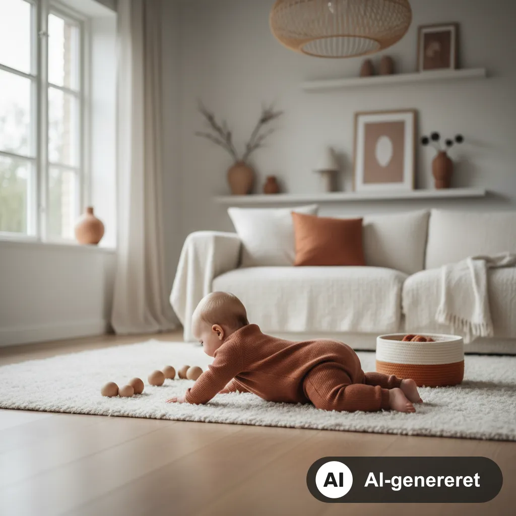 Baby på maven på et aktivitetstæppe under maveleje i en lys stue, mens en forælder sidder ved siden af (AI-genereret illustration)