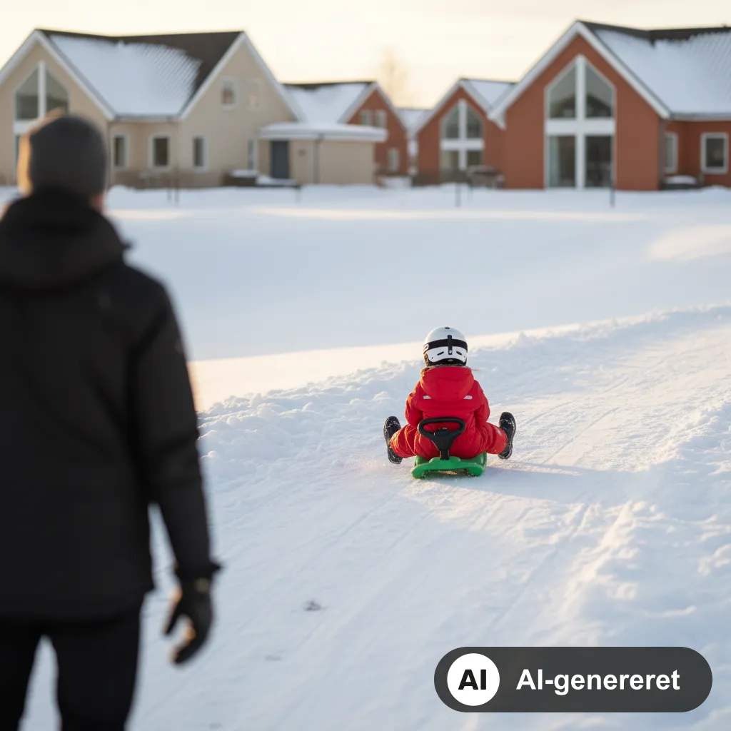 Barn i rød flyverdragt og hjelm kører på en grøn kælk med rat ned ad en lav, snedækket bakke, mens en voksen står og holder øje i et dansk parcelhuskvarter (AI-genereret illustration)