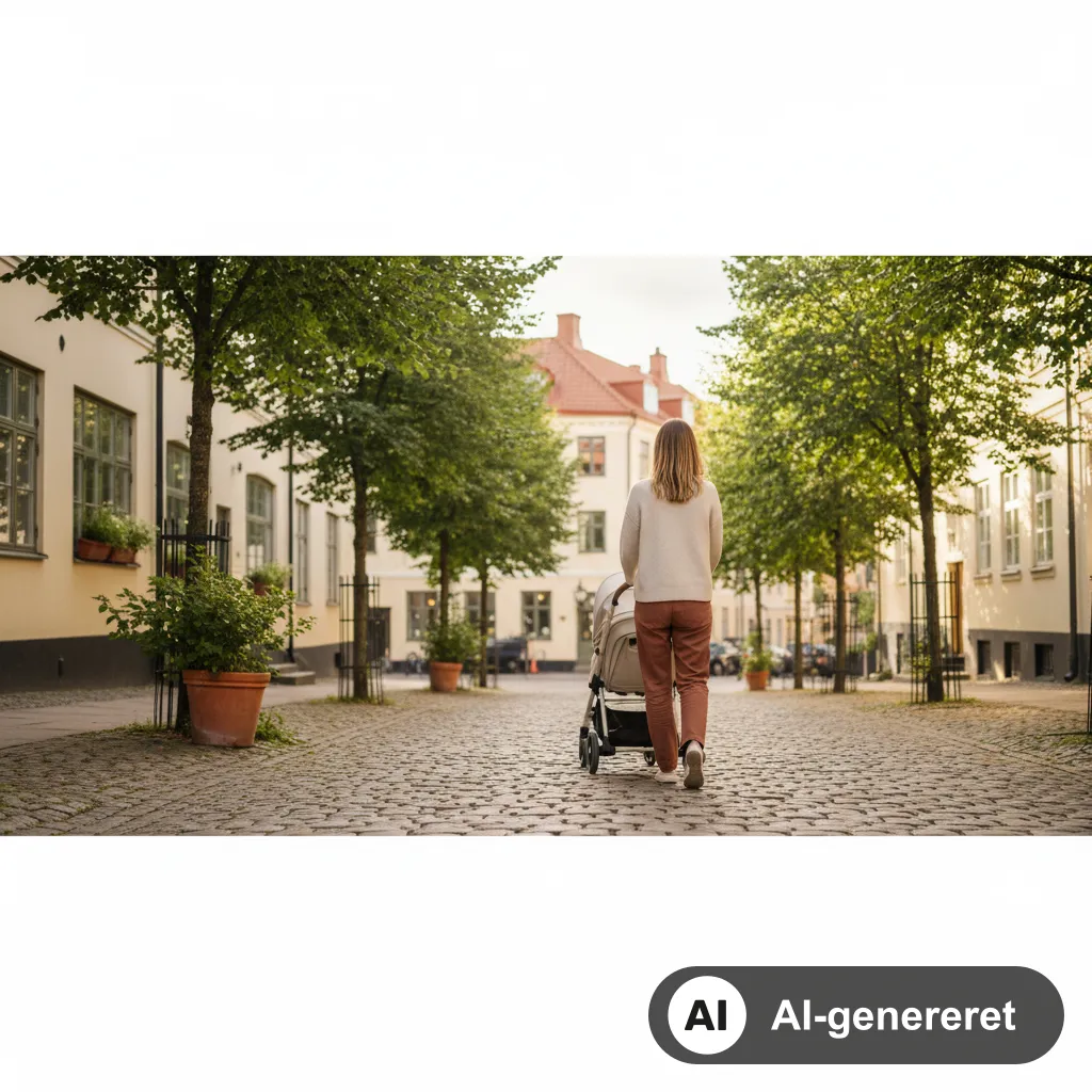 Forælder skubber en let, sammenklappelig klapvogn ad en solbeskinnet fortovssti i en dansk by (AI-genereret illustration)